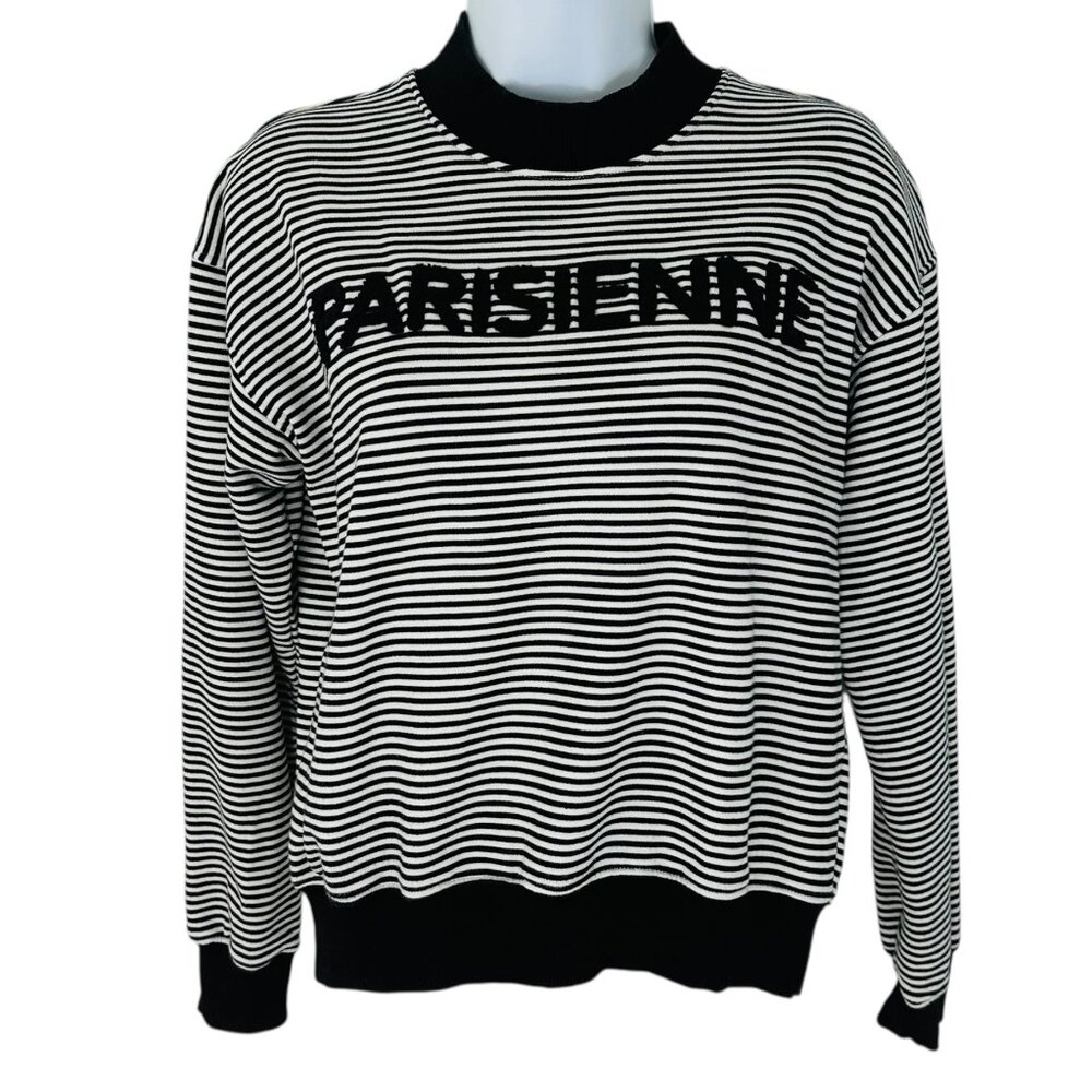 Ellandemm Women's Size S Striped Parisienne Raised Text Black White Pullover Top